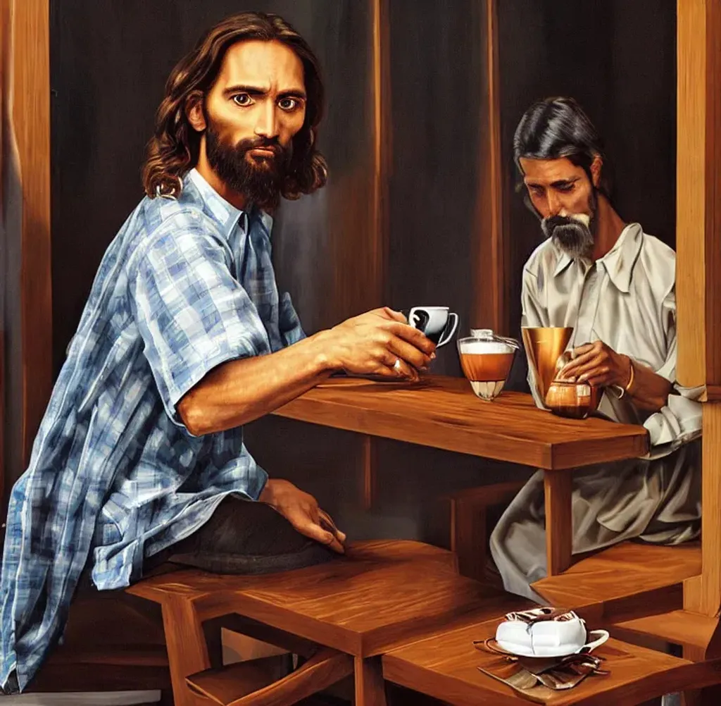 Prompt: Highly detailed photorealism of a modern look of high profile Jesus with short hair, wearing elegant flannels, energetic linear style, boldly accentuated realistic detail Indonesian face making a cup of V60 coffee on a table of a cozy coffee shop at Yogyakarta City, by Audrey Flack, Ralph Goings, Richard Estes, Chuck Close, Charles Bell, Kurt Cobain, Ronaldo Christiano, Robert Cottingham, Don Eddy, Gustave Courbet,  Sieger Koder,  Andy Warhol, WLOP, Artgerm, Greg Rutkowski, Alphonse Mucha, Beautiful dynamic, epic dramatic, wining-award photograph. 