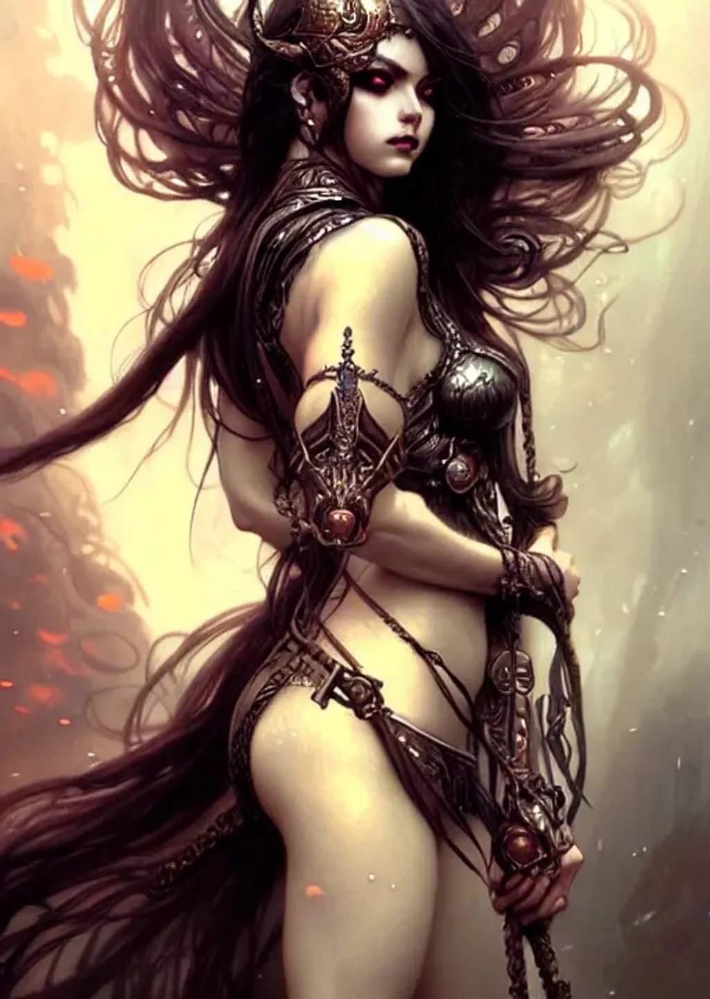 Prompt: heavy metal fantasy, fantasy magic, pretty face, sultry detailed eyes, intricate, sharp focus, illustration, highly detailed, gorgeous pose, intricate costume, digital painting, concept art, matte, art by WLOP, luis royo and Artgerm and Greg Rutkowski and Alphonse Mucha, masterpiece style