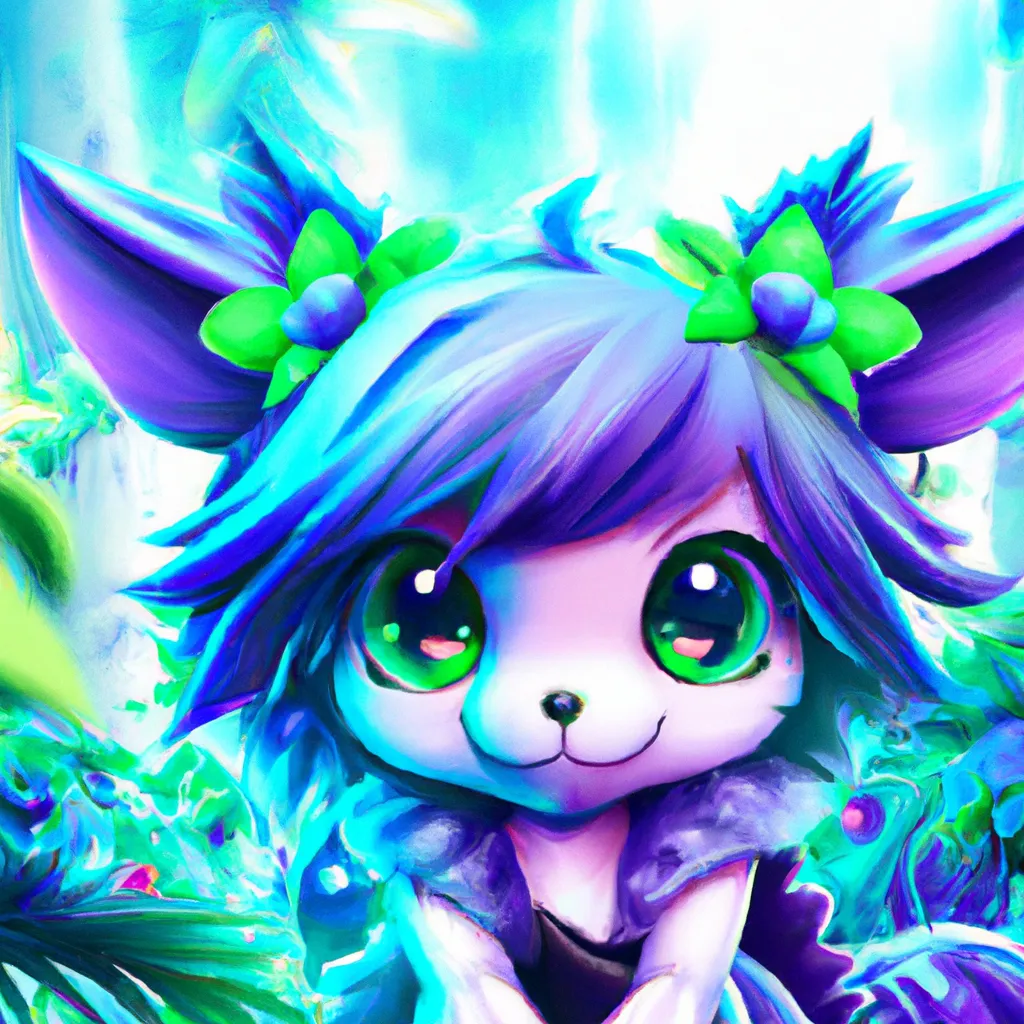 Prompt: Key Disney Visual of an enthusiastic cute anime flower critter , background is a forest, green and blue and purple colour palette; Digital art, trending on artstation, Photorealistic Illustration, anime key visual, cinematic, Ultra Detailed , trending on pixiv, kawaii eyes