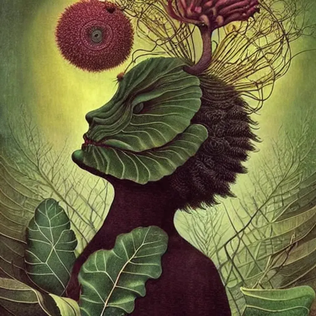 Prompt: Jaberwocky Triffid Peruvian arpillera Oxana dobrovolska victo ngai henry rousseau Vladimir kush peregrine heathcoate catrin welz-stein Andrea kurti Andrea kowch 