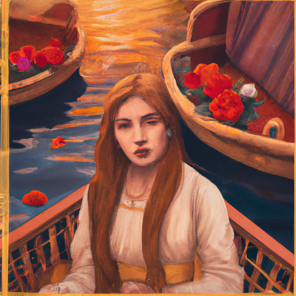 Prompt: "The Lady of Shalott" by John William Waterhouse, in the style of an IKEA manual and a 90's talkshow painted by Anna Dittmann and Tom Bagshaw 