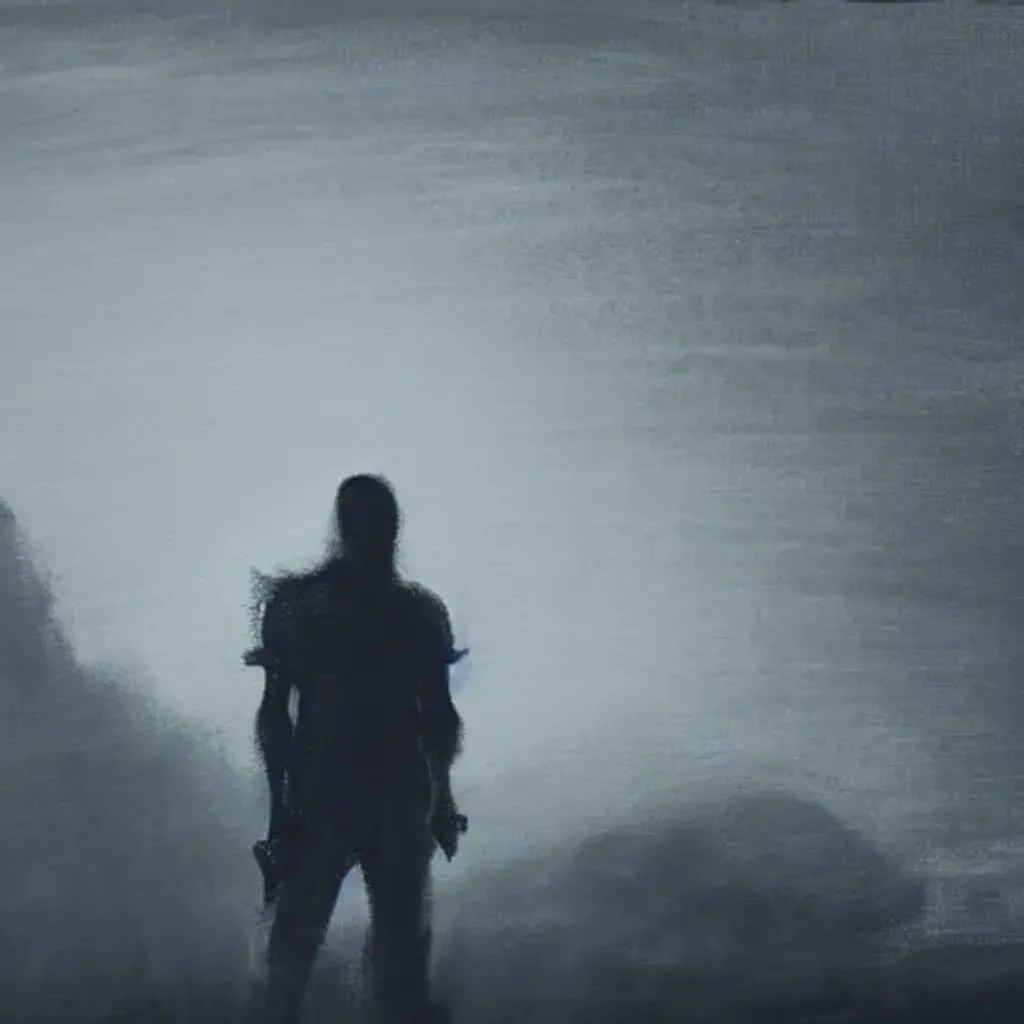 Prompt: person standing on the shoulder of a dark warrior giant with arms crossed, silhouette, foggy and dark background, front view, oil painting style, far away view