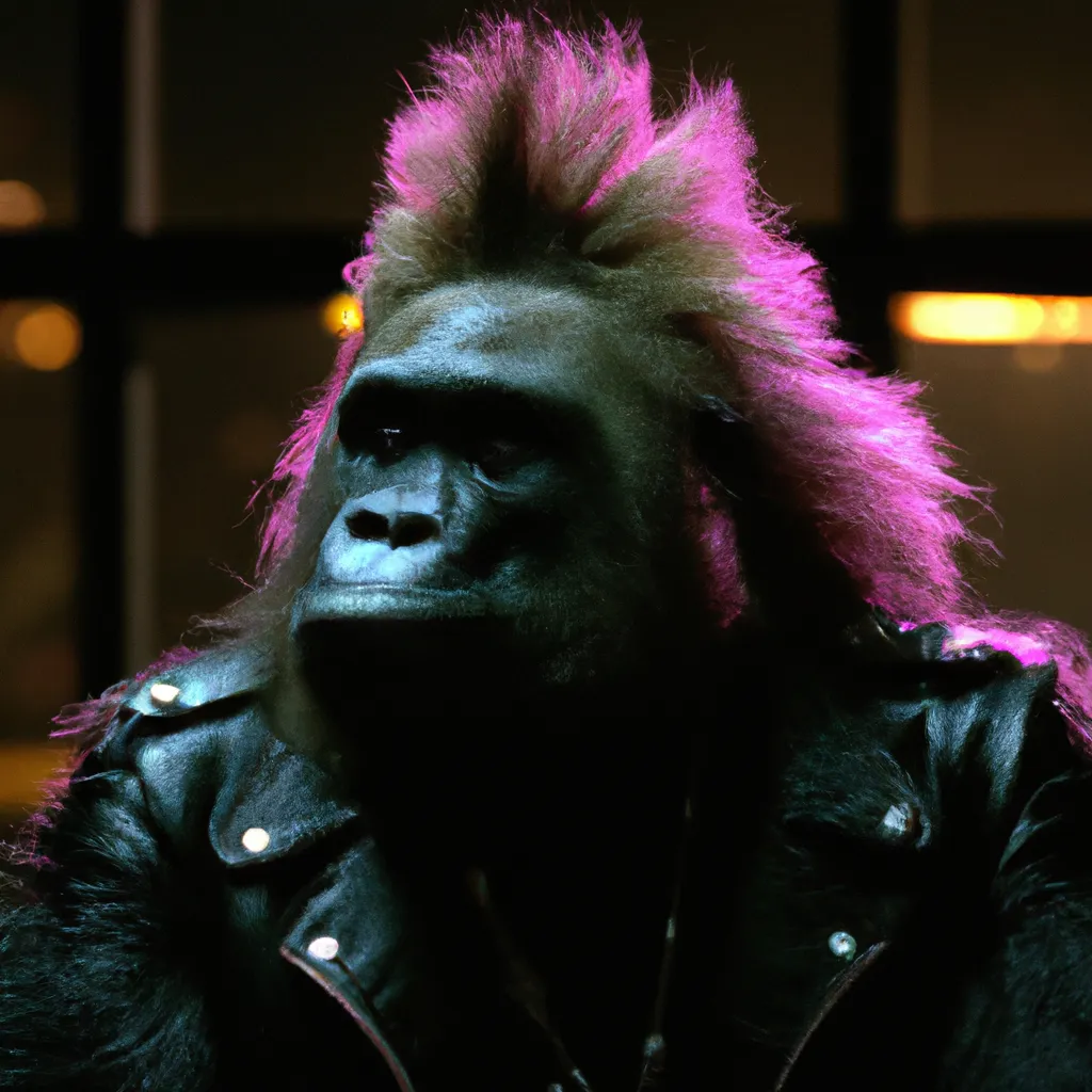 Prompt: a portrait photo from a gritty 1970s Martin Scorsese movie about a Gorilla with a pink punk mohawk in a leather jacket. 35mm, grainy, 4k, Panavision