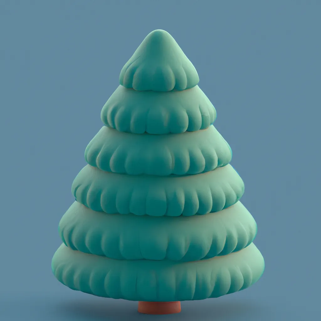 Prompt: 3D render of a cute rounded green christmas tree in a clay style, frontal view, blue background, substance 3d painter, blender, smooth texture, warm lighting, high resolution, trending on behance.net, by Nintendo