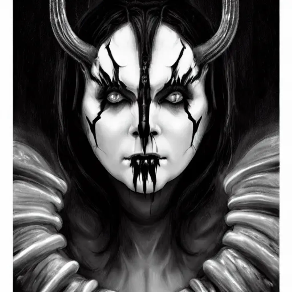 Prompt: a woman in black and white with black hair, white horns, and glowing yellow eyes, detailed, centered, digital painting, artstation, concept art, H. R. Giger and Zdzisław Beksińsk, Dariusz Zawadzki, wlop, boris vallejo, breathtaking, 8 k resolution, extremely detailed, beautiful, establishing shot, artistic, hyperrealistic, beautiful face, octane render, cinematic lighting, dramatic lighting, masterpiece 