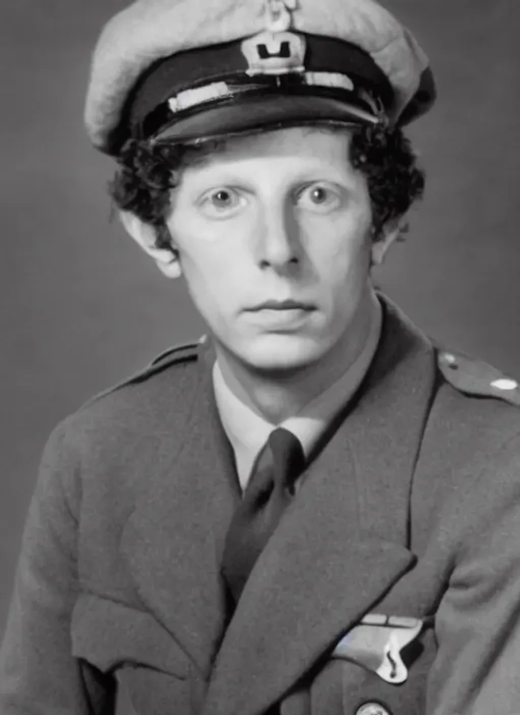 Prompt: Photograph of Tom Baker as a soldier in World War II, black and white