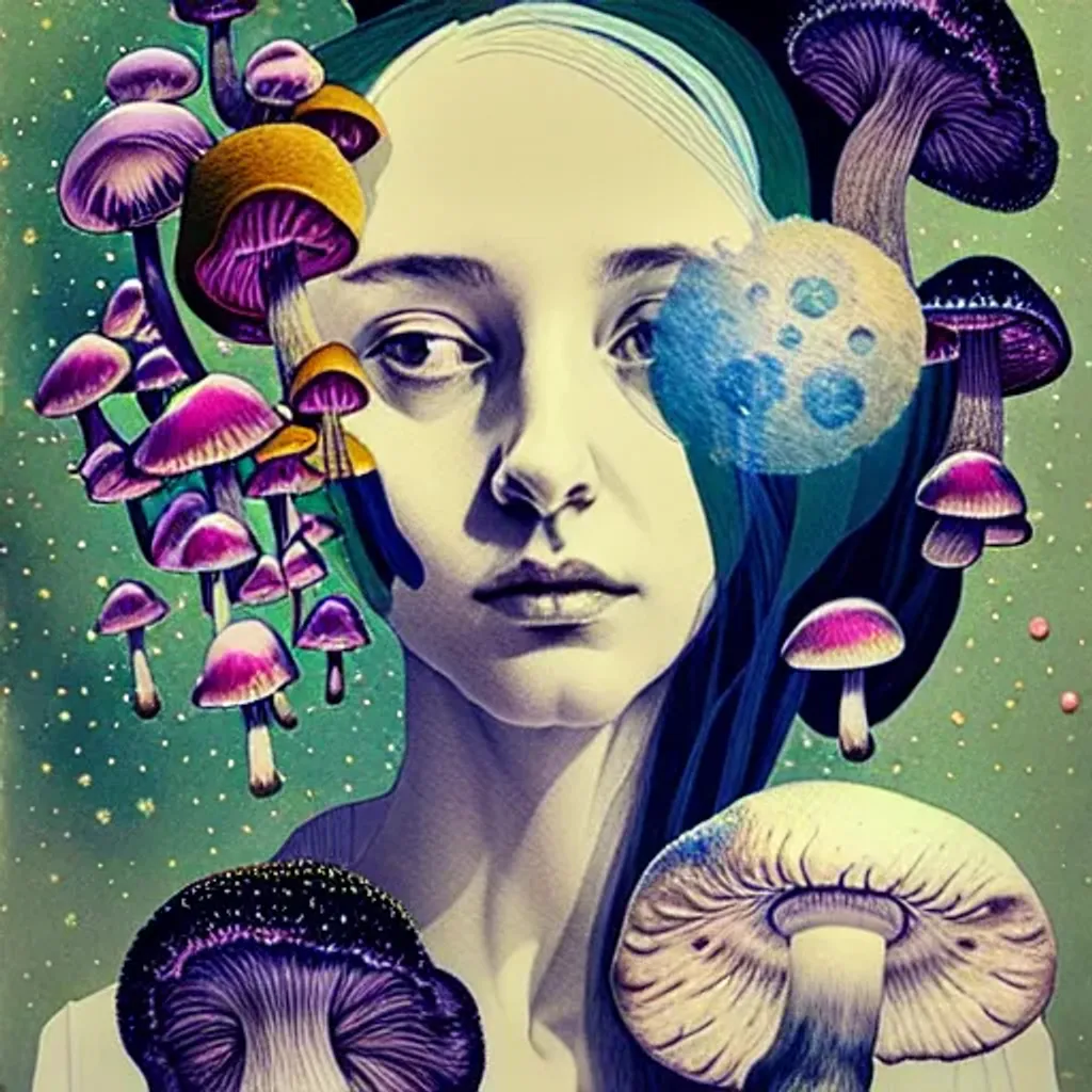 Prompt: Embroidered portrait by Ryan Hewett, Beautiful woman with mushrooms growing out of her hair, hq, fungi, celestial, portrait, moon, galaxy, moon, stars, victo ngai 