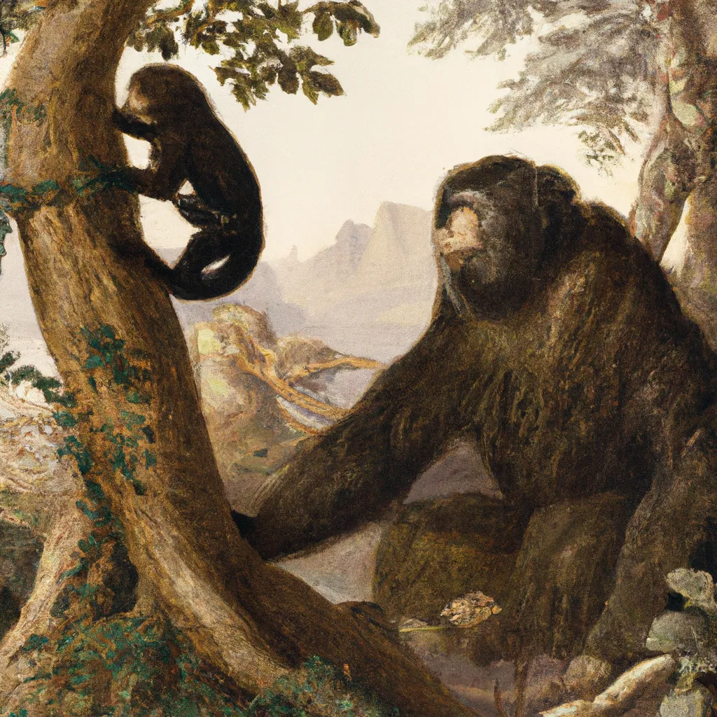 Prompt: 1800s painting of big monkey holding up small monkey in jungle 