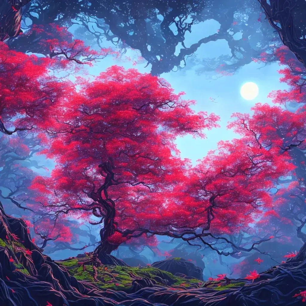 Prompt: japanese maple growing out of the world, floating in space with blue skies,  different trees in background surrounded with mist, japanese garden,  hyper realistic, epic scene, dynamic lighting, digital art, winning award masterpiece, fantastically beautiful, illustration, aesthetically inspired by dan mumford, art by greg rutkowski, cyberpunk, 8k