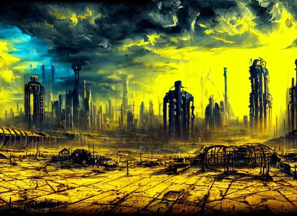 Prompt: A detailed painting of ((((vast Dystopian Wasteland futuristic metropolitan)))), ((((reclaimed by nature)))), ruins, yellow and blue colours, ((((oil painting)))), ornate, disturbing, dramatic lighting, hd, ultra detailed, (((((cinematic shot)))))