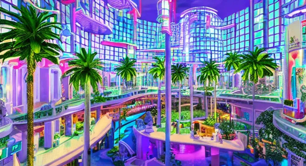 Prompt: multi story vaporwave aesthetic indoor liminal 90s mall with central lazy river, columns, checkered floor tiles, palm trees, neon lights, Wide angle shot, 4k octane render, Fuji film, intricate detail, photoreal, cinematic, sublime atmosphere, at night time, colored lighting, vending machines, marble statues