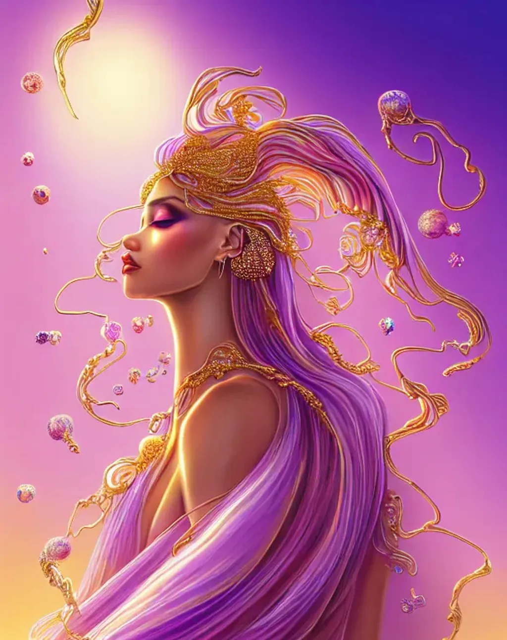 Prompt: Bejewelled romantic golden Goddess with thin intricate fibonacci fragile pearlescent and iridescent silk at the Antelope Canyon pyramid rim, flowing lavender-colored shimmering silk, fabric, raptors.  realistic facial features, full body view, hyperspace crystal planets sunset in the style of artgerm and ilya kuvshinov. Female art. Extremely ornated. artstation, cgsociety, unreal engine, ray tracing, detailed illustration, 128K UHD