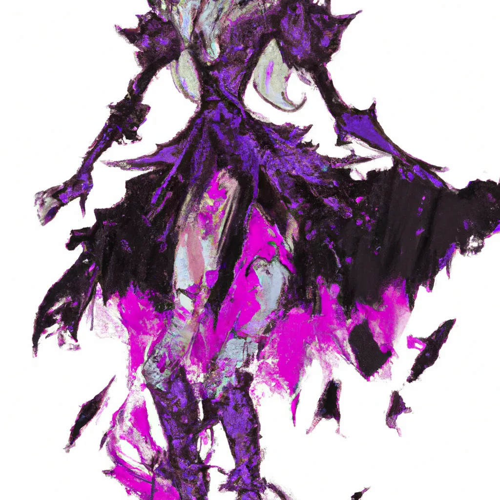 Prompt: outfit, fantasy, evil, purple and black color pallet, evil fairy, concept art, female armor, ink drips, possessed