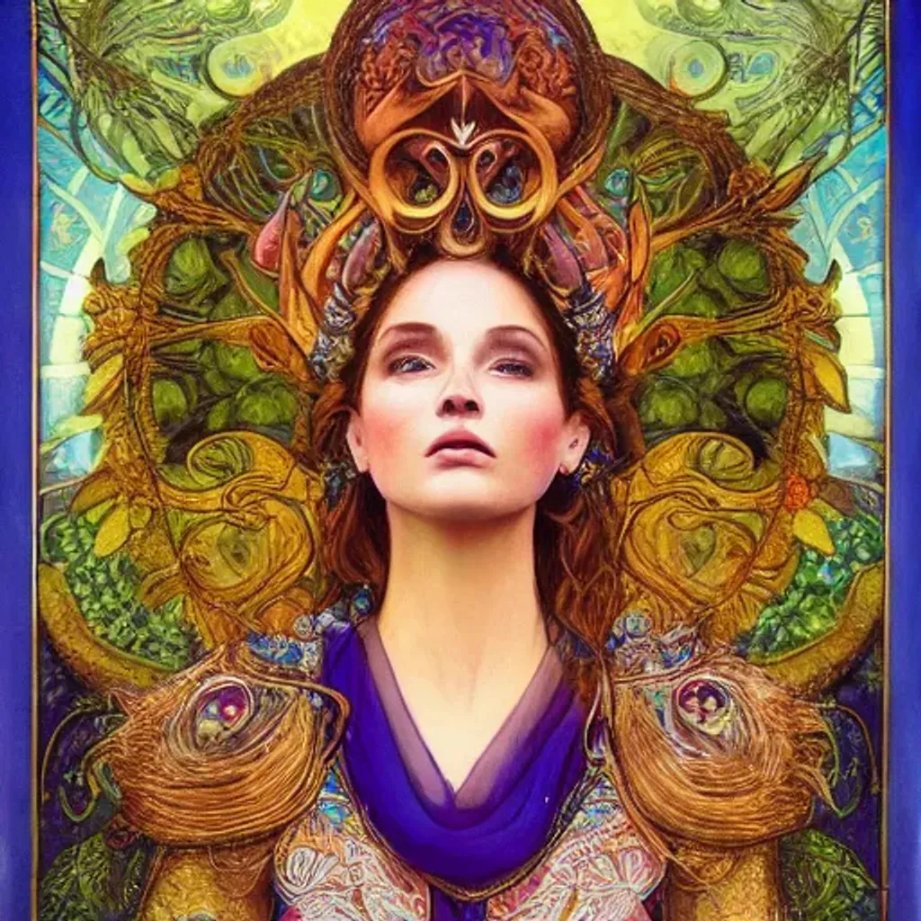 Prompt: Every stage of initiation leads to a higher standpoint of human love. epic royal background, royal jewelry, nature, full shot, hyperrealistic, dynamic lighting, fantasy art, ancient colors, mucha, majestic, giger