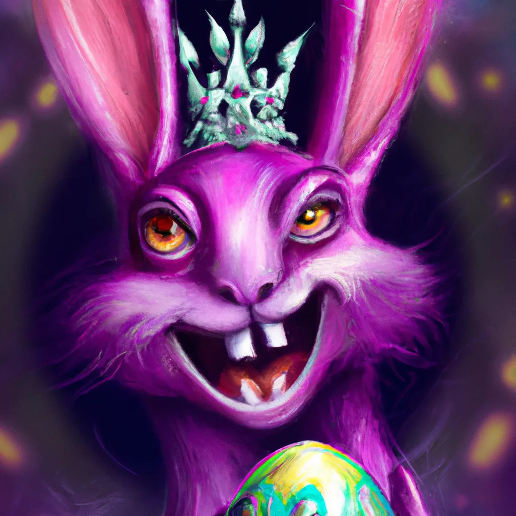 Prompt: Face of a creepy grinnig purple easter bunny with long teeth and glowing red eyes holding An easter egg that has a crown. matte painting, bokeh. Elegant detailed digital art By Gil Elvgren and Tim Burton