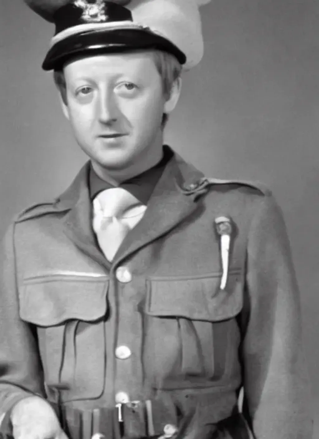 Prompt: Photograph of Tim Brooke-Taylor as a soldier in World War II, black and white