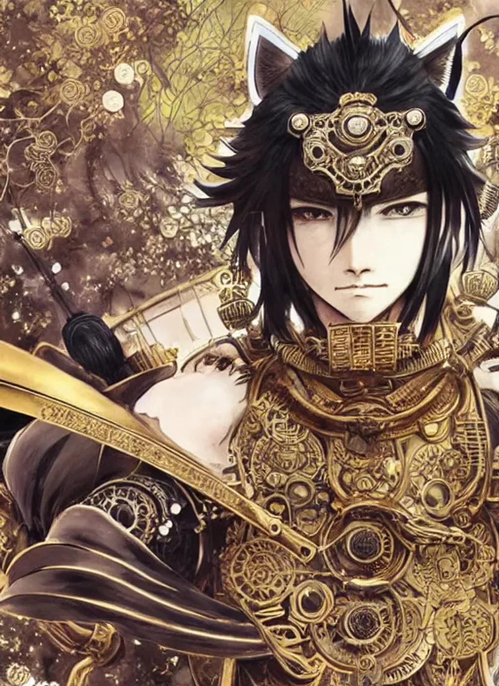 Prompt: muscular attractive dark hair boy samurai, cat ears, gold eyes, ornate armor, samurai clothes, final fantasy, solo, battle pose, steampunk, anime, insanely detailed and intricate digital illustration by Hayao Miyazaki, Ismail Inceoglu, M.W. Kaluta and Yoshitaka Amano, a masterpiece, close-up, 8k resolution, trending on artstation, delicate, watercolor, soft