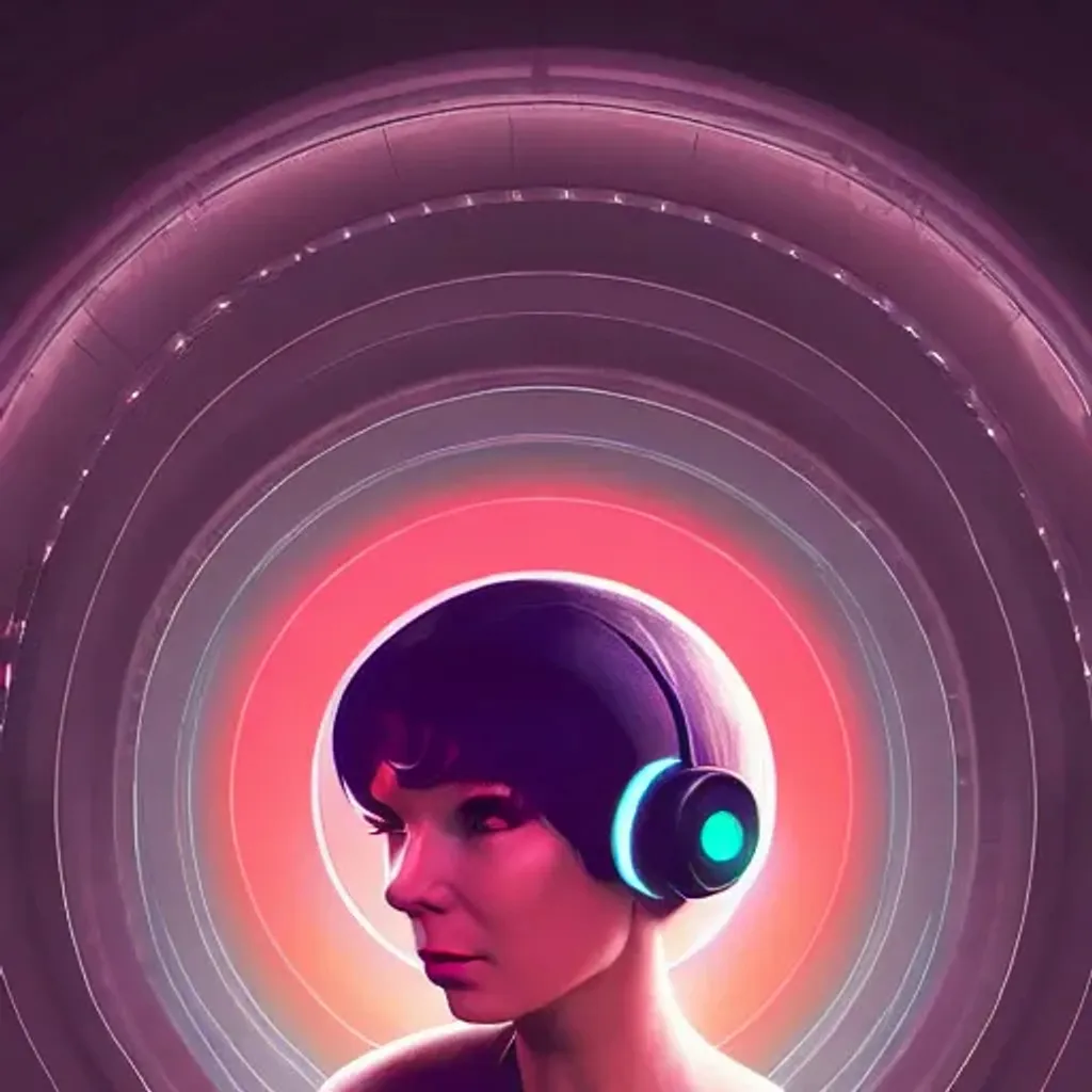 Prompt: a woman with headphones in front of a circular light, cyberpunk art, by Andrei Kolkoutine, cgsociety, retrofuturism, photorealistic portrait of bjork, heavy metal magazine cover, beautiful cyborg angel girl, andrei riabovitchev symmetrical, trend on behance 3d art, salvia droid