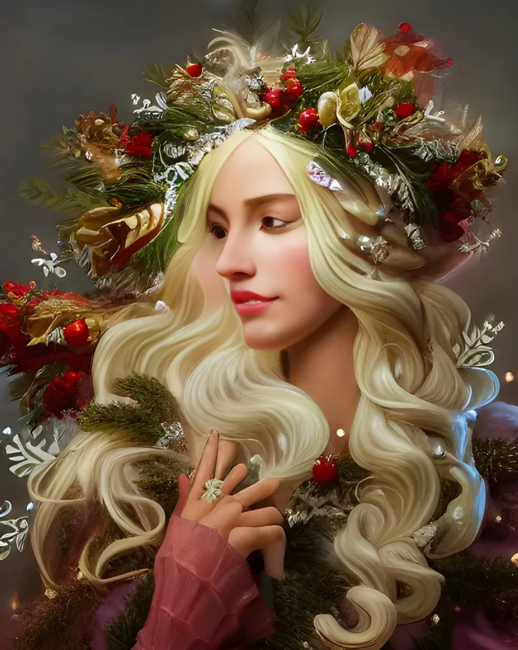 Prompt: Full shot, High quality detailed epic figure of ethereal beautiful blond winter goddess nymph, long flowing hair, candles on wreath on head, snow, by JC Leyendecker and frank frazetta, hypersonic, 8k, stunning quality, octane render, trending on artstation, sharp focus, studio photo, intricate details, highly detailed, sf, intricate artwork masterpiece, ominous, matte painting movie poster, golden ratio, trending on cgsociety, black and white still, digital Art, perfect composition, beautiful detailed intricate insanely detailed octane render trending on artstation, 8 k artistic photography, photorealistic concept art, soft natural volumetric cinematic perfect light, chiaroscuro, award - winning photograph, masterpiece, oil on canvas, raphael, caravaggio, greg rutkowski, beeple, beksinski, giger