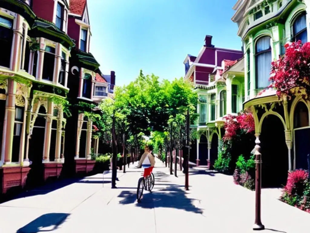 Prompt: Victorian architecture, colorful botanic garden, overgrown, tall buildings, green verge, tall trees, brick path, red bicycle lanes, lampposts.