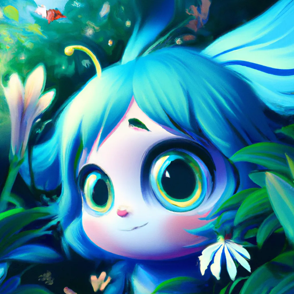 Prompt: Key Disney Visual of an enthusiastic cute anime flower critter , background is a forest, green and dark blue colour palette; Digital art, trending on artstation, Photorealistic Illustration, anime key visual, cinematic, Ultra Detailed , trending on pixiv, kawaii eyes