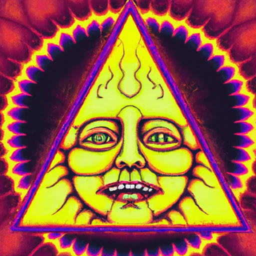 Prompt: sun with face acid trip alchemy, esoteric, hyperrealistic, 90s, pyramid, Illuminati, fractal, detailed, symmetry