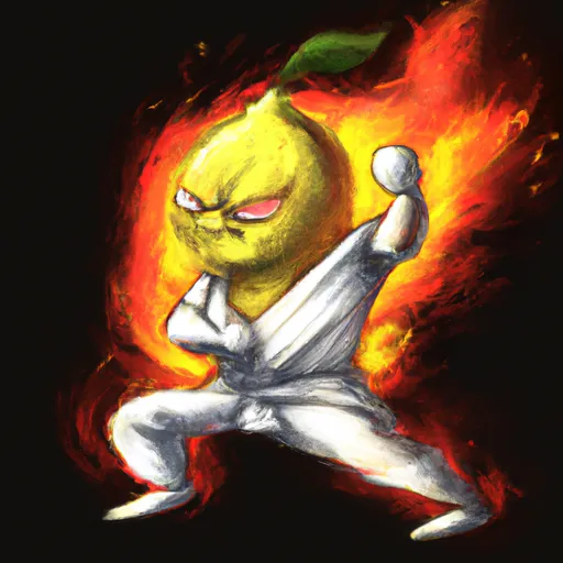 Prompt: A buff lemon doing kungfu with fire, detailed digital art,