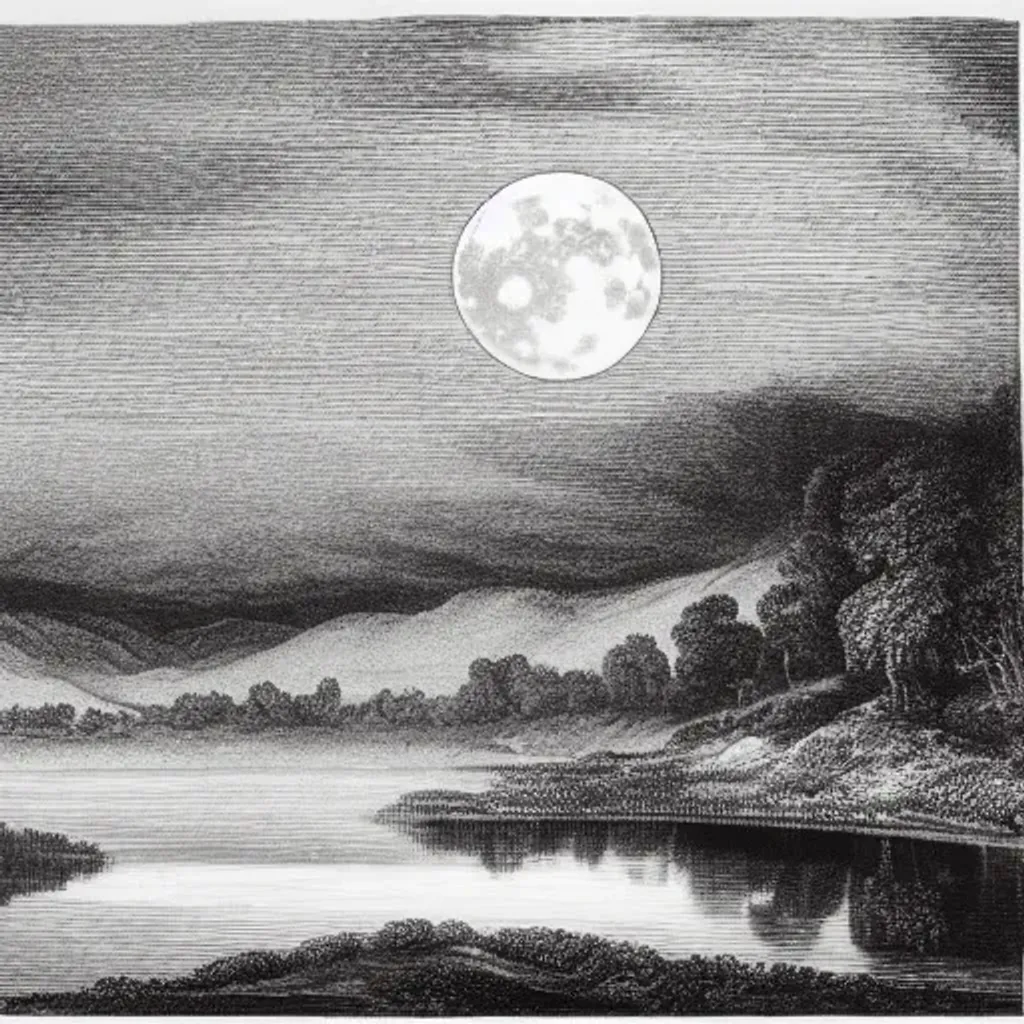 Prompt: foggy night sky, A landscape of a forest and a valley with a lake with the moon reflection in the water, black and white, high detail, engraving, printmaking — h 7 6 8