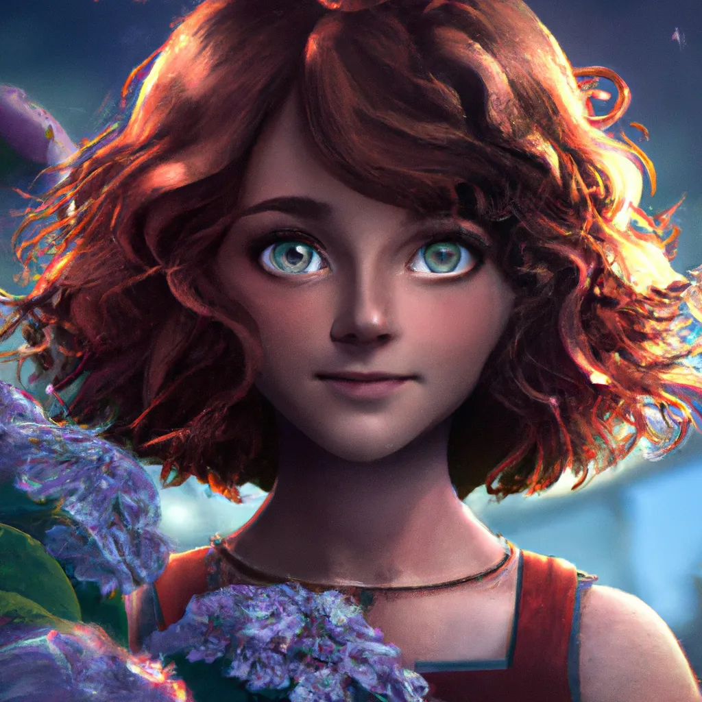 Prompt: a highly detailed epic cinematic concept art CG render digital painting artwork Beautiful young woman with hazel eyes, curly auburn hair, hydrangea blossom, full moon, romantic,  trending on ArtStation, cinematic colors, rendered in Maya, Blender and Photoshop, octane render, golden ratio composition, cinematic atmosphere, dynamic dramatic cinematic lighting, precise correct anatomy, aes