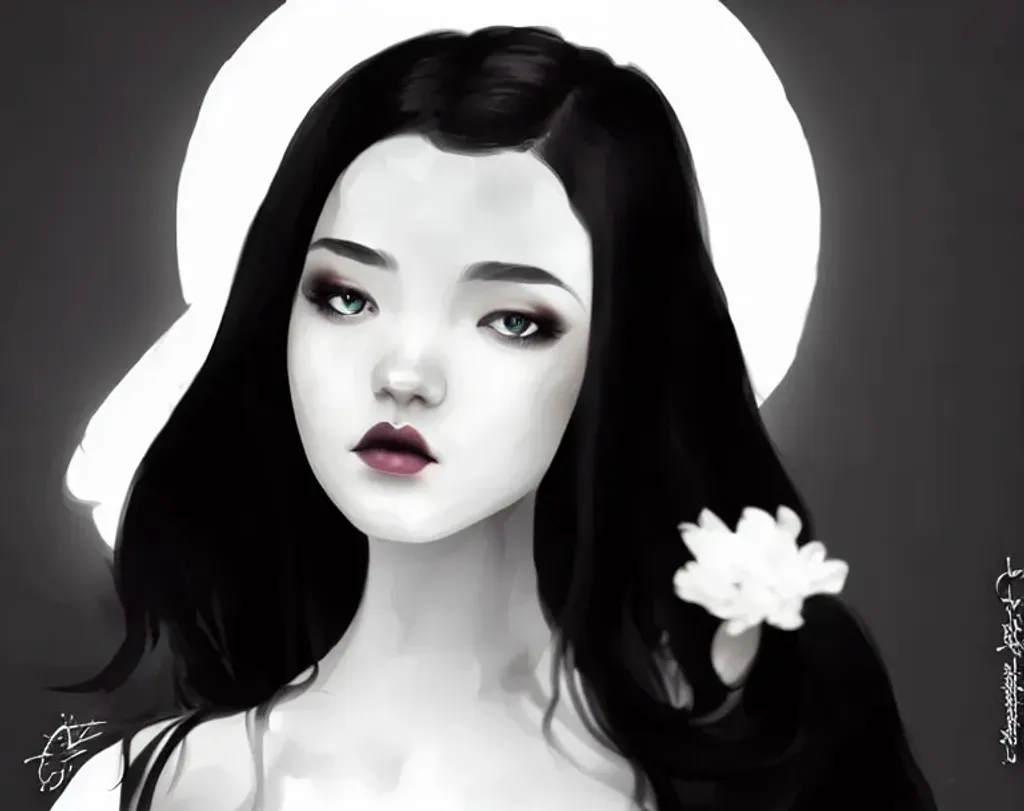 Prompt: Portrait of an ethereal gothic eurasian woman, smooth soft skin, big dreamy black eyes with double eyelids, beautiful intricate straight hair in a western hairstyle, soft lighting, detailed face, minimal digital painting