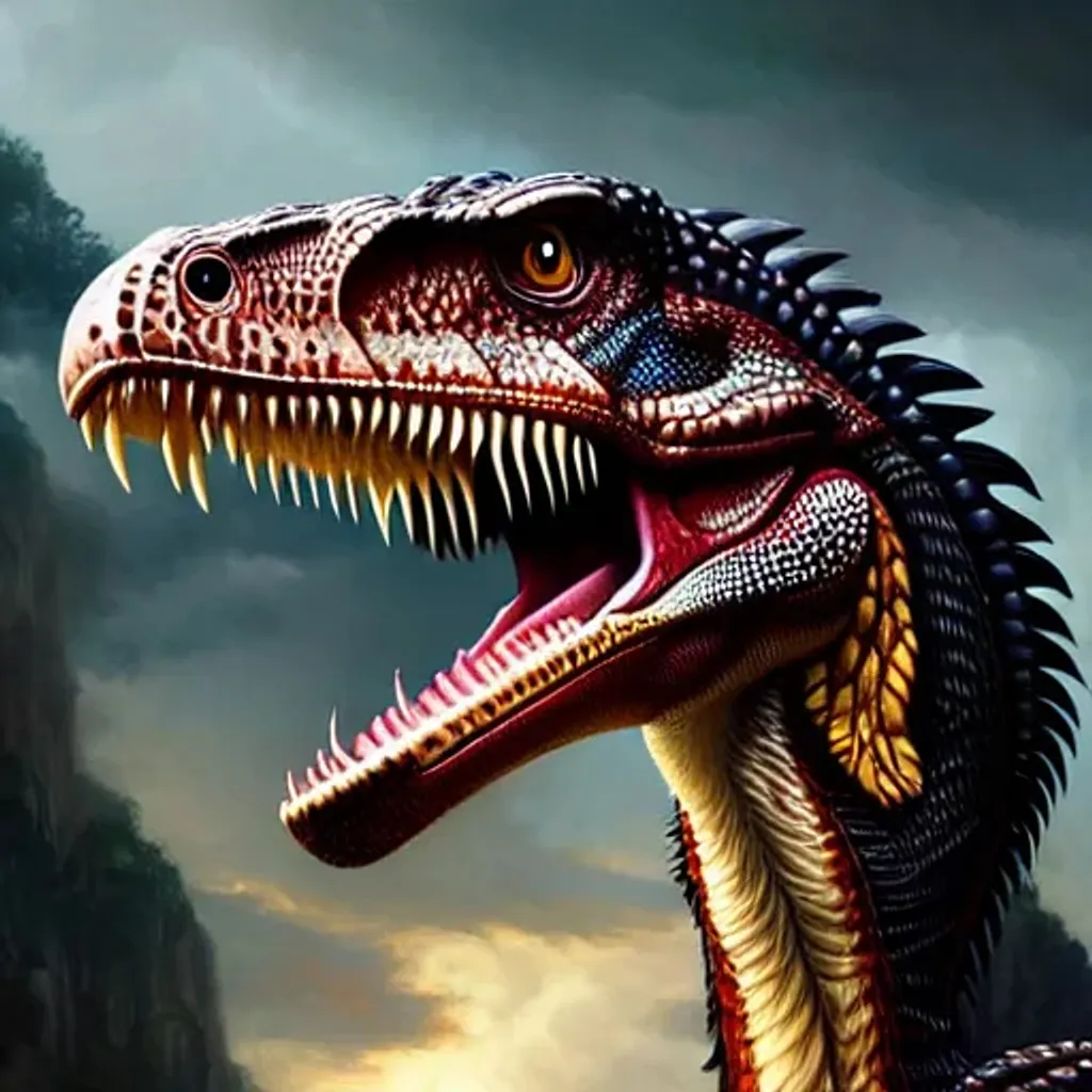 Prompt: Prehistoric Velociraptor, Dark Fantasy, highly detailed, digital painting, fine body detail, high detail facial features, intricate, artstation, concept art, smooth, sharp focus, illustration, art by artgerm and Marc Simonetti and alphonse mucha