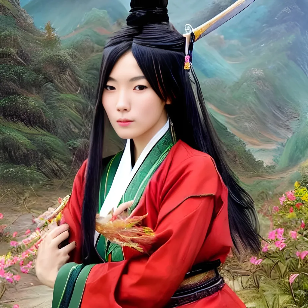 Prompt: An epic fantasy comic book style portrait painting of beautiful sword dance Chinese military hanfu woman cultivator in front of a mountain, long hair, full body XIANXIA, wuxia, manga, manhwa, hanfu, Chinese temple, depth of field by Yoji Shinkawa 4k -n 4 -i, pi, artstation, pixiv, artgerm, unreal engine, masterpiece, bokeh