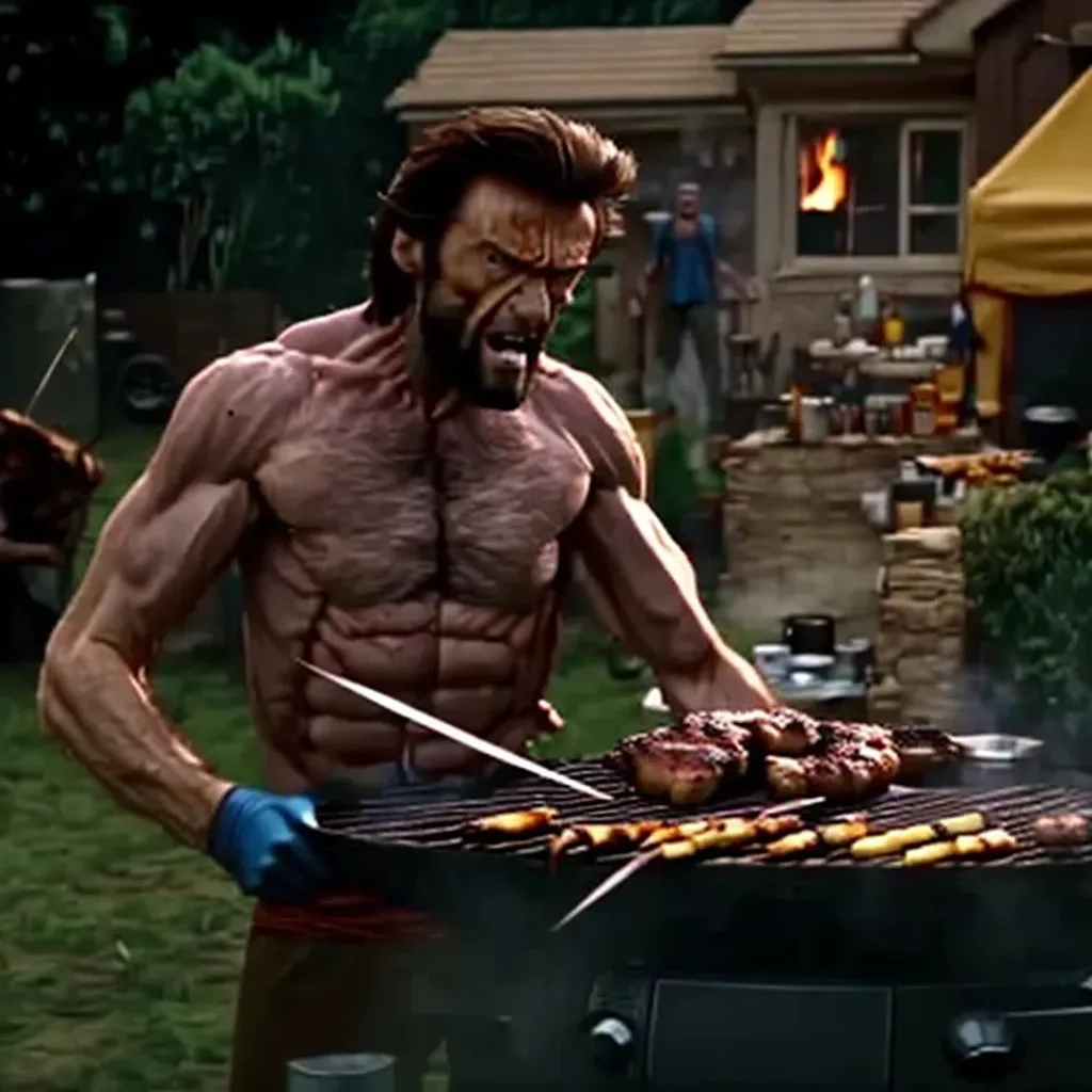 Prompt: Huge Jeckmam as wolverine from x-men’s films stands by the barbecue and roasts kebabs on his claws