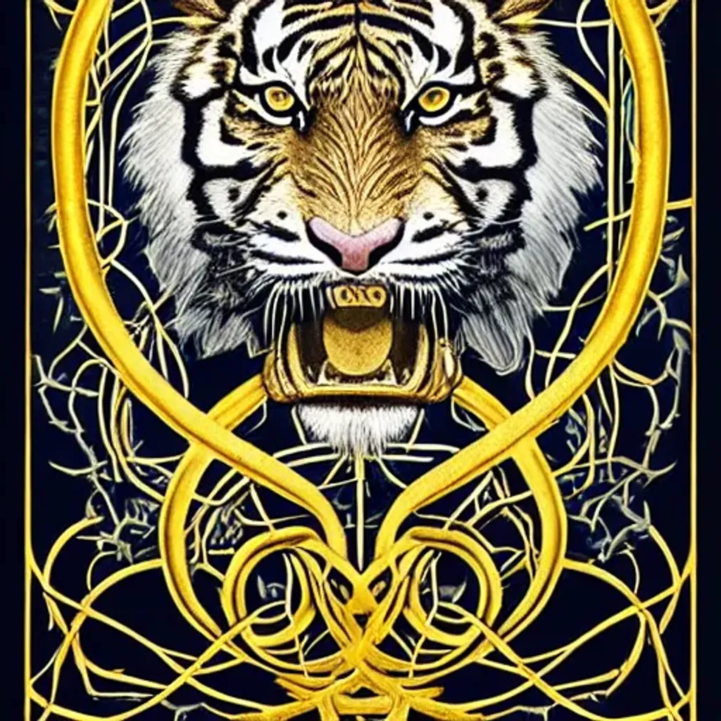 Prompt: a large gold and white tiger wrapped in vines + black paper + elements + red + gold + neon + baroque + rococo + white + orange+ ink + tarot card with ornate border frame + marc Simonetti, paul pope, peter mohrbacher, detailed, intricate ink illustration