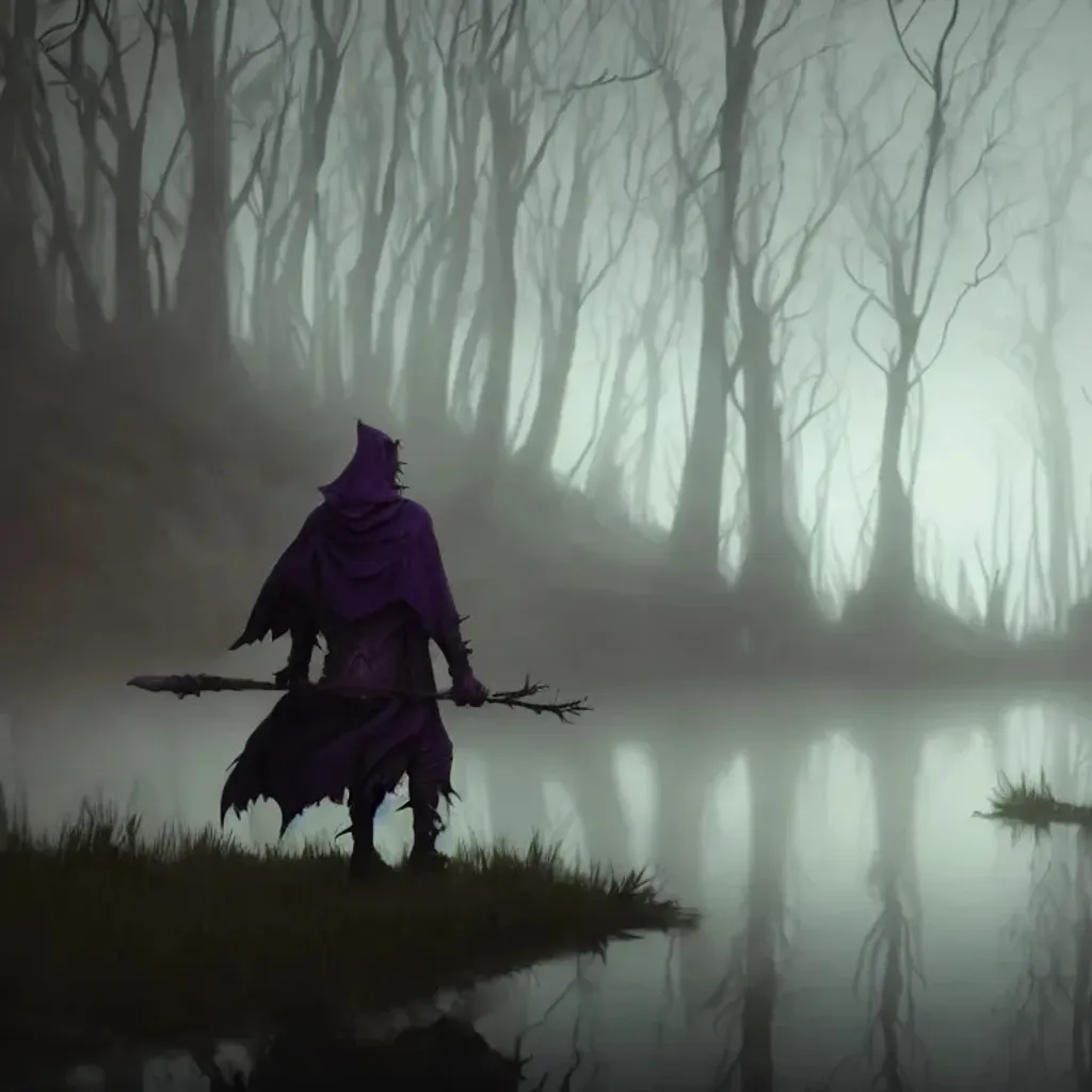 Prompt: old Dark Wizard with white wise beard, torn cape, old rusty armor, magical big staff, casting spells in the middle of a dark forest by a creepy lake with stranded wrecked old boat, epic foggy scene with dark purple sky, hyperdetailed, high quality, 8k, nightmare, animation style, purple lightning, dark matter