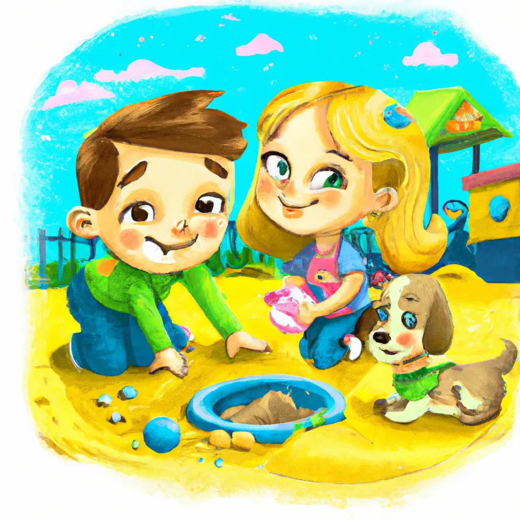 Prompt: boy and girl with their pets are playing in sand playground, happy faces, cartoonish disney style