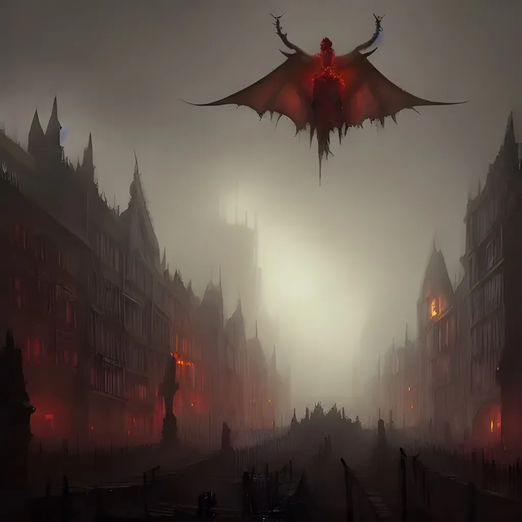 Prompt: concept art digital painting of a daemonic horror flying over a sprawling medieval fantasy city, foggy, dark night, lights in the windows, cinematic composition, grim darkness, 4k, by Alejandro Bursido and Greg Rutkowski, trending on artstation.