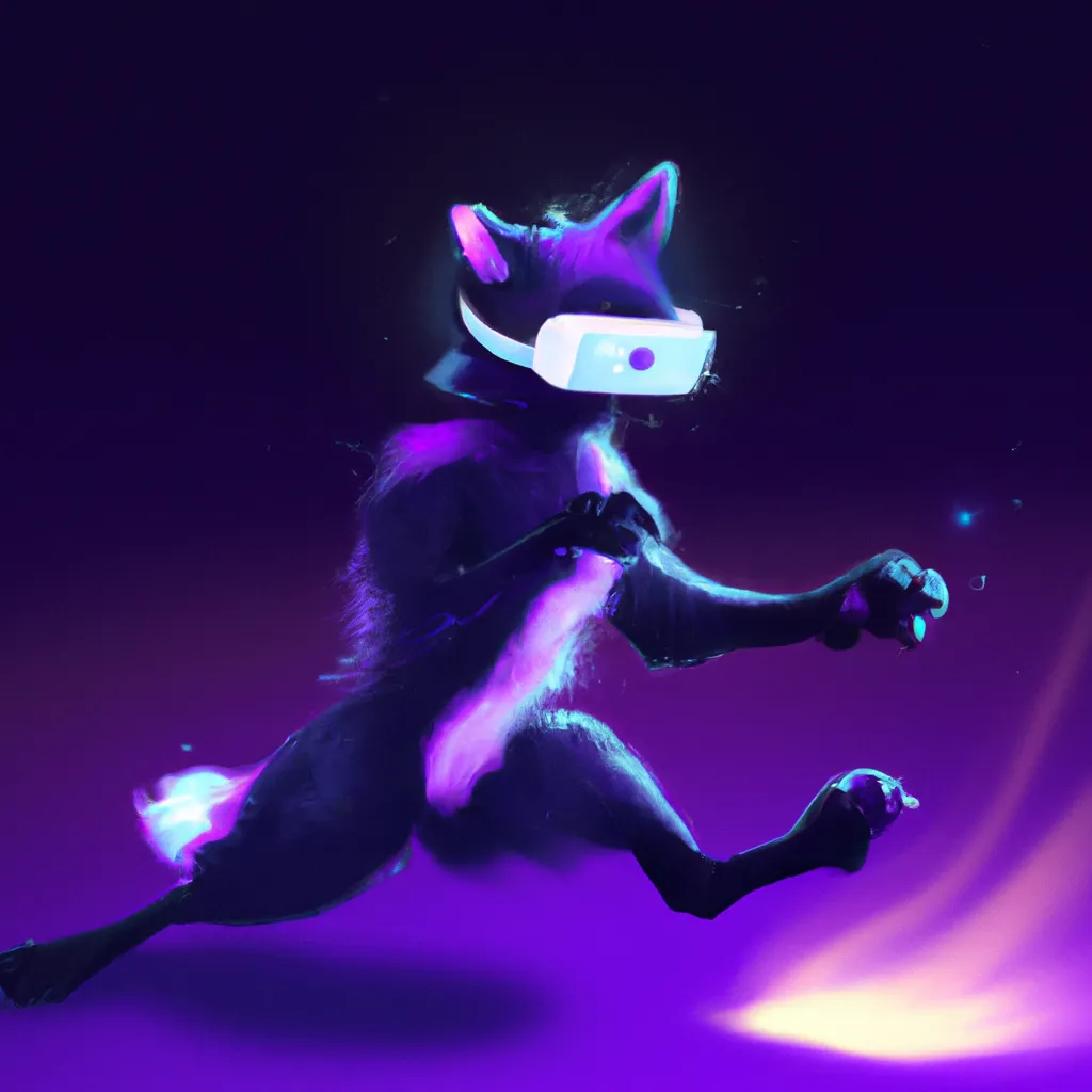 Prompt: Black and Purple humanoid bipedal fox character playing a game in virtual reality, pixar, dreamworks, galaxy, intergalactic, sparkling, trending on artstation