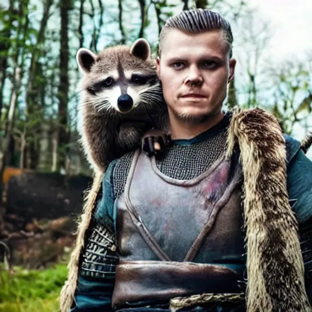 Prompt: Ivar from vikings, full face, with a giant racoon