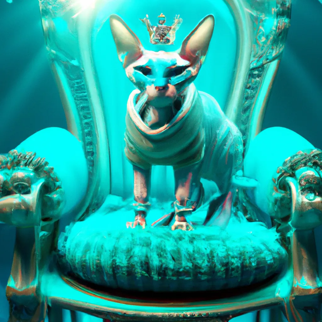 Prompt: Very cute Blender 4d rendered King cat with blue eyes, sitting on a techno malachite throne, trending in artstation, detailed, studio quality, Rays of Shimmering Light, Cinematic Lighting