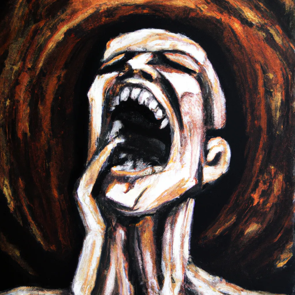 Prompt: oil painting, distorted face,slim distorted body, horror, dark background, screaming, agony