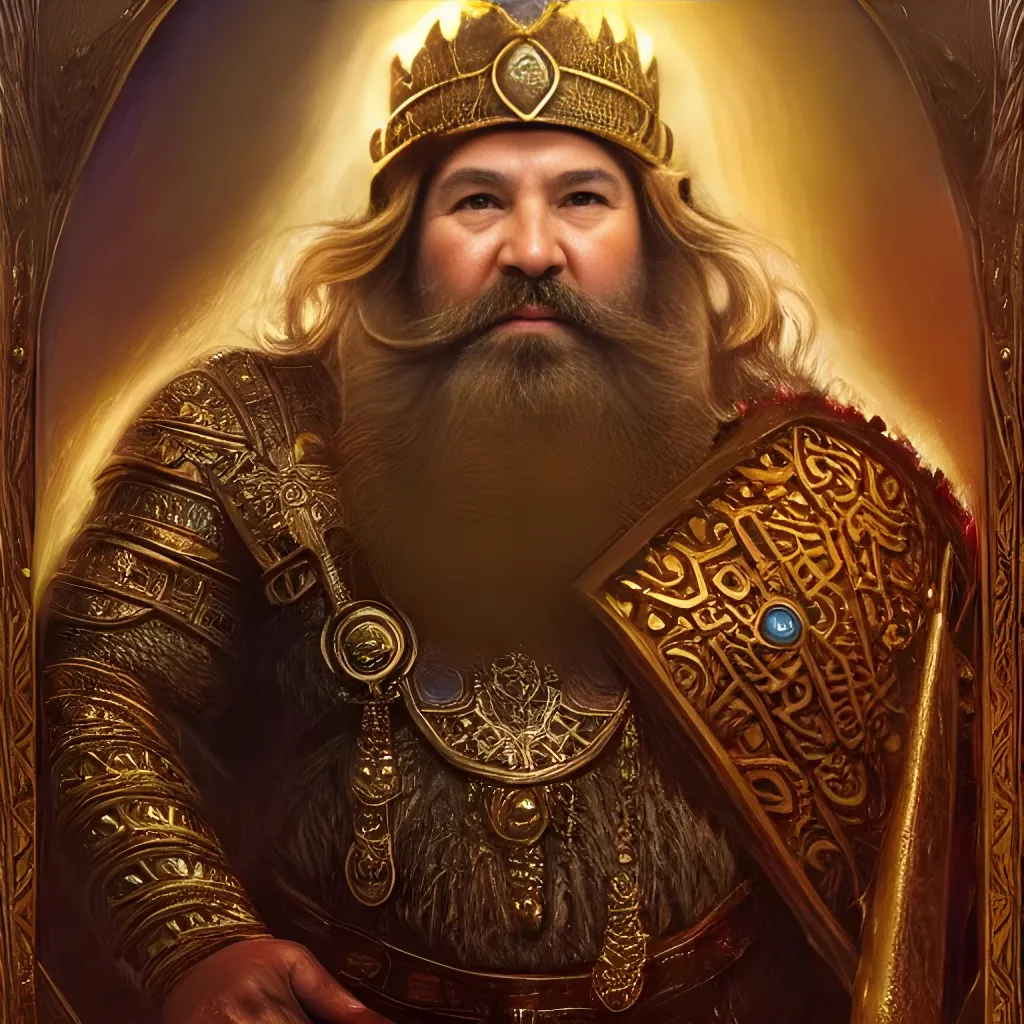 Prompt: mature, dwarven king, full-length portrait, luminous, iridescent, intricately textured,  enigmatic, exotic, bronze, beard, runes,  fantasy, highly detailed,  art station, hyperrealism, digital art, masterpiece, 8k, dynamic lighting, dramatic,  photo-realistic, Rutkowski, Gaston bussiere, craig mullins, j. c. leyendecker, filipe pagliuso, Waterhouse, justin gerard, artgerm, cgsociety