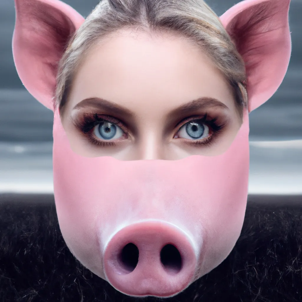 Prompt: A photo of a cute young woman's head combined with a 3D render of a hybrid pig head. Epic film poster style.