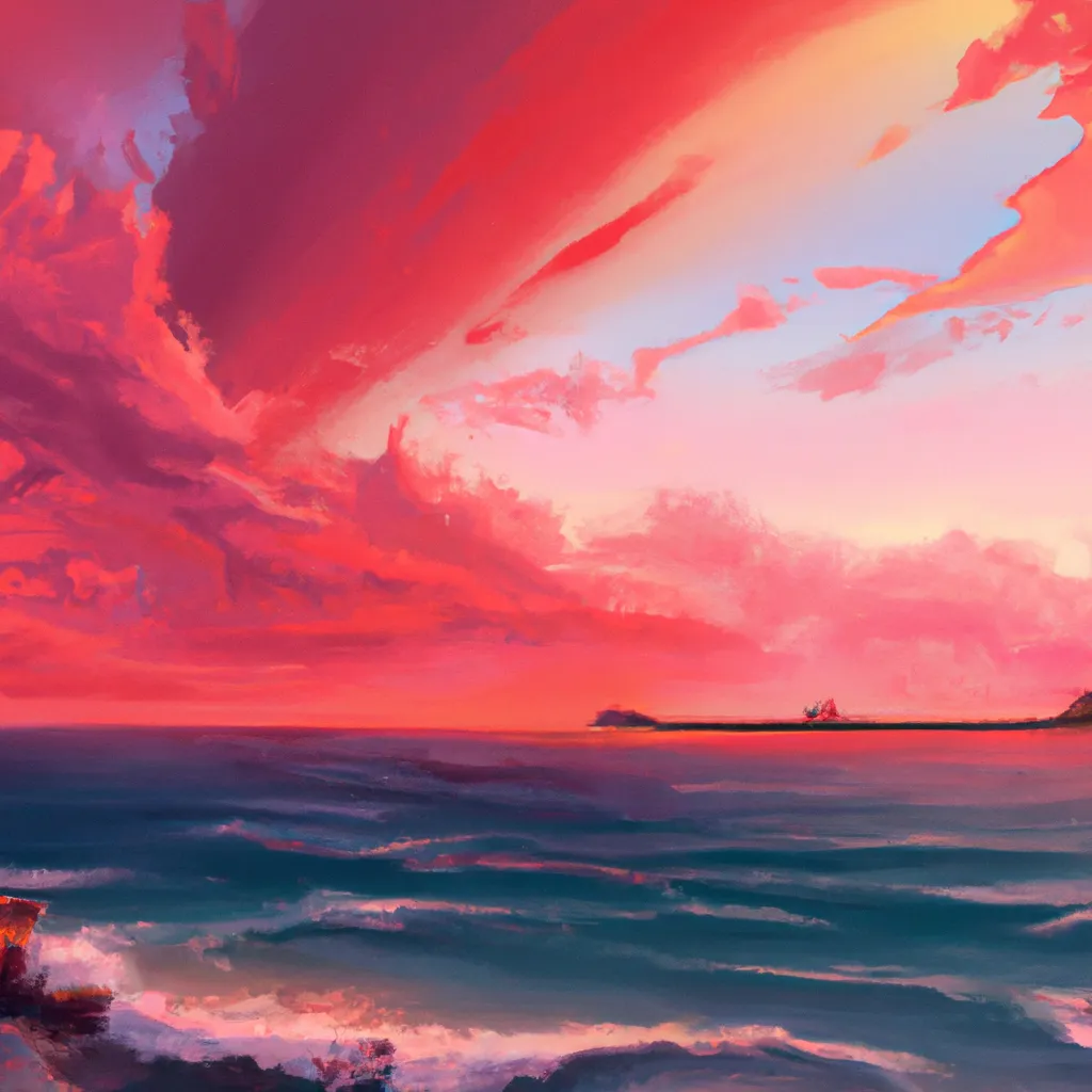 a painting of a sunset over the ocean, a matte paint... | OpenArt