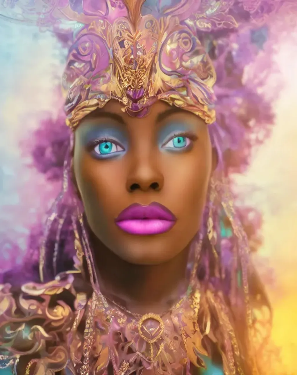 Prompt: ultrarealistic portrait painting of a stunning black woman goddess, purple, pink, teal galaxies, 8k photographic style lace filigree fractal details intricate ornate outfit hypermaximalist sharp focus, dramatic lighting, highly detailed and intricate, hyper maximalist, ornate, luxury, elite, cinematic, cgsociety