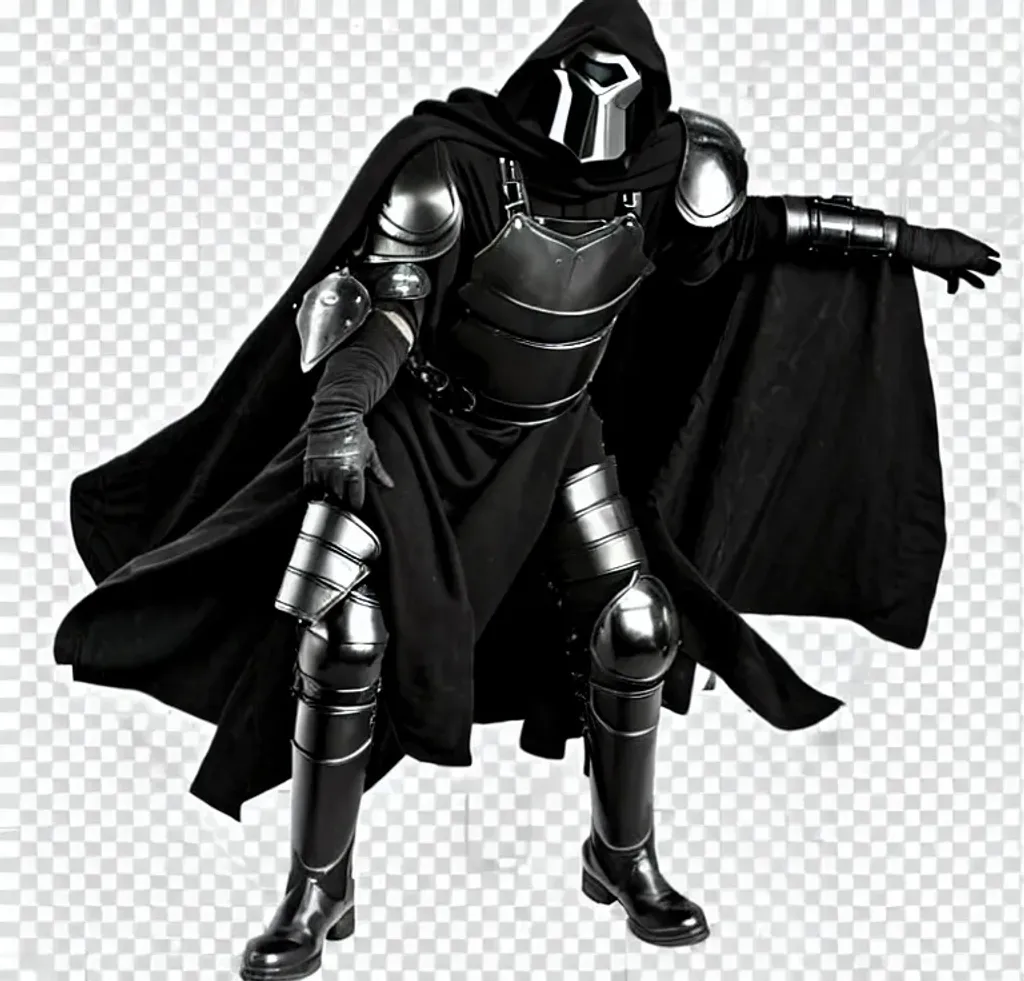 Prompt: he is a super villain, wearing a Black robe underneath a Guard Steel Breastplate, Dr. Doom Mask, Armour Hand Gloves, Steel Full Leg Armor, he wear black shiny leather boots