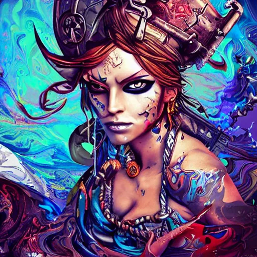 Prompt: Female pirate! Borderlands: paper marbling! Oil splash!! Oil stained!!", intricate hyperdetailed fluid gouache illustration by Android Jones: professional photography, natural lighting, volumetric lighting maximalist photo illustration 8k resolution concept art intricately detailed, complex, elegant, expansive, fantastical