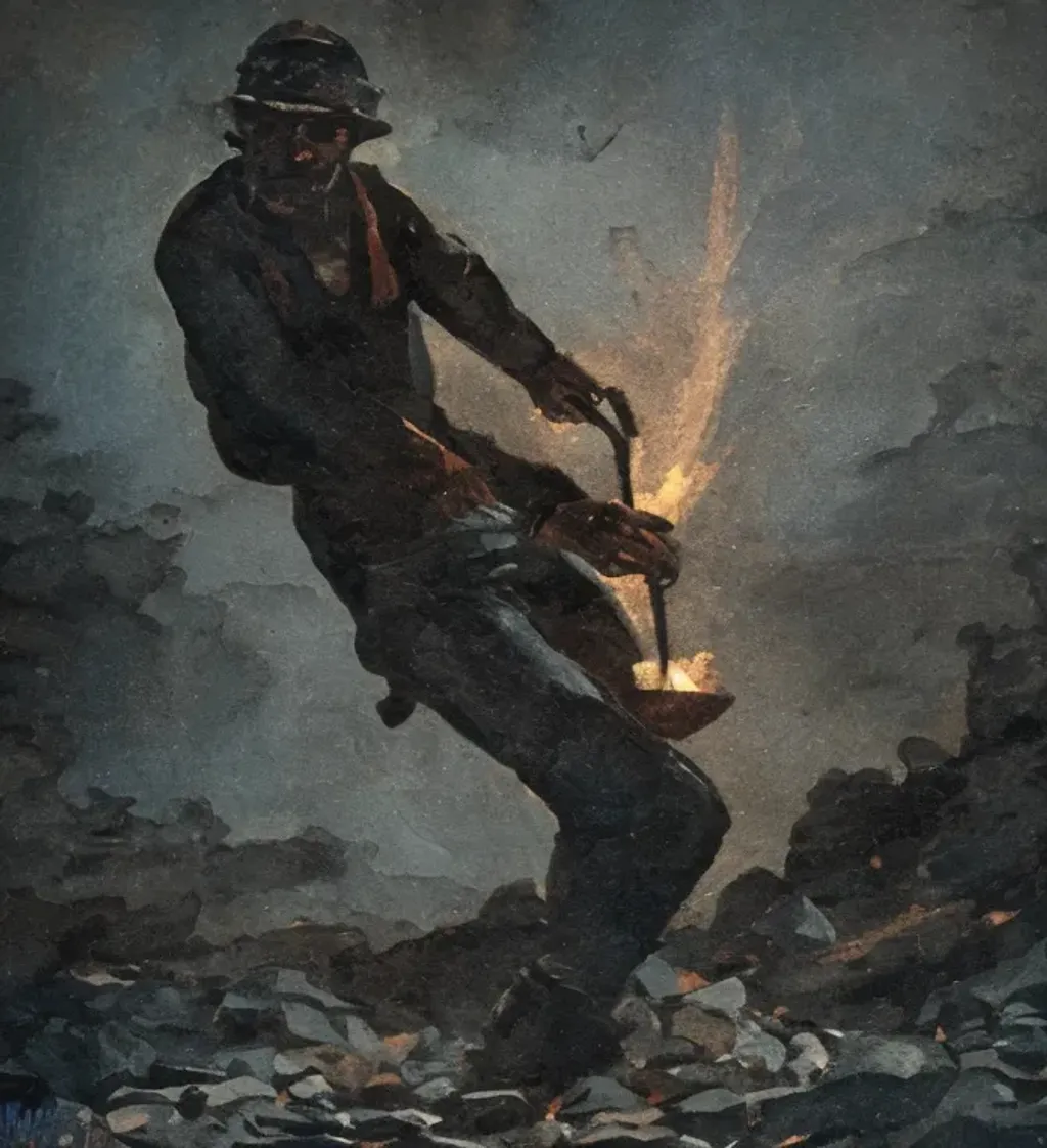 Prompt: painting by Winslow Homer a 1930's coal miner coming up out of a mine, cinematic atmosphere, dramatic lighting, dark and depressing, award-winning cgi, artstation, blender, trending 