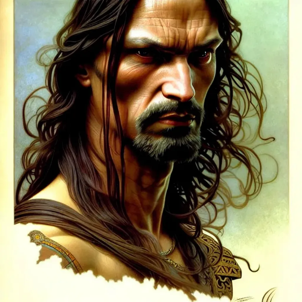 Prompt: portrait of a wise warrior man with long hair, dark, piercing eyes, gentle expression, elegant clothing, photorealistic, highly detailed, smooth, sharp focus, art by michael whelan, greg rutkowski and alphonse mucha