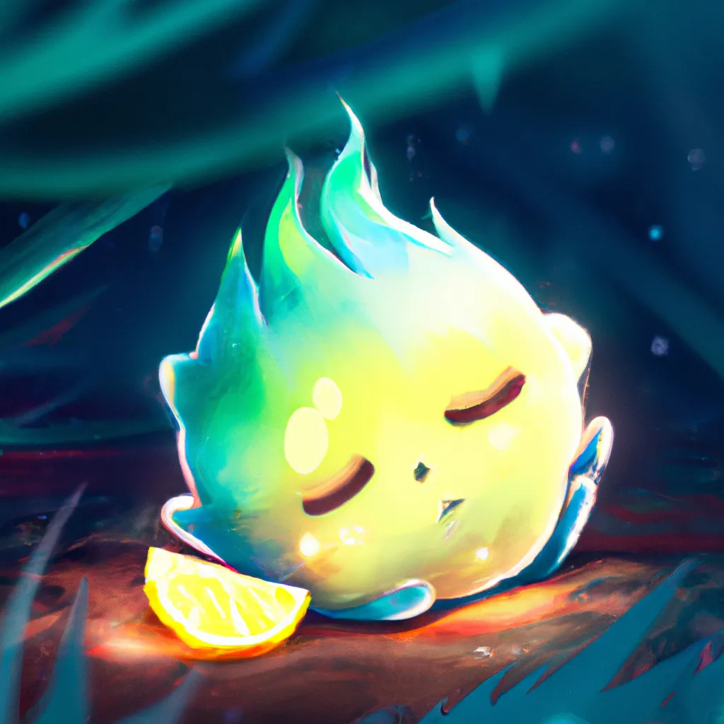 Prompt: Key Disney Visual of an enthusiastic  cute anime lemon critter sleeping by a fire , background is a forest, green and dark blue colour palette; Digital art, trending on artstation, Photorealistic Illustration, anime key visual, cinematic, Ultra Detailed , trending on pixiv, kawaii eyes